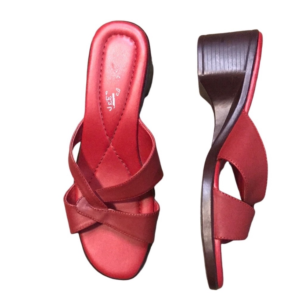 Deer Stags “Carmen” Open Toe Leather Criss-Cross Heeled Sandals in Red Sz 6.5